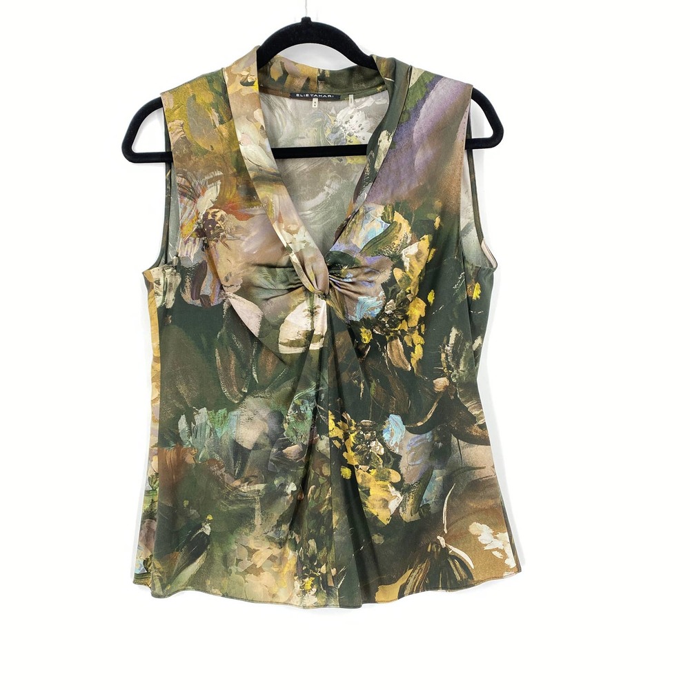 Elie Tahari Floral Watercolor Dark Green Blouse M
